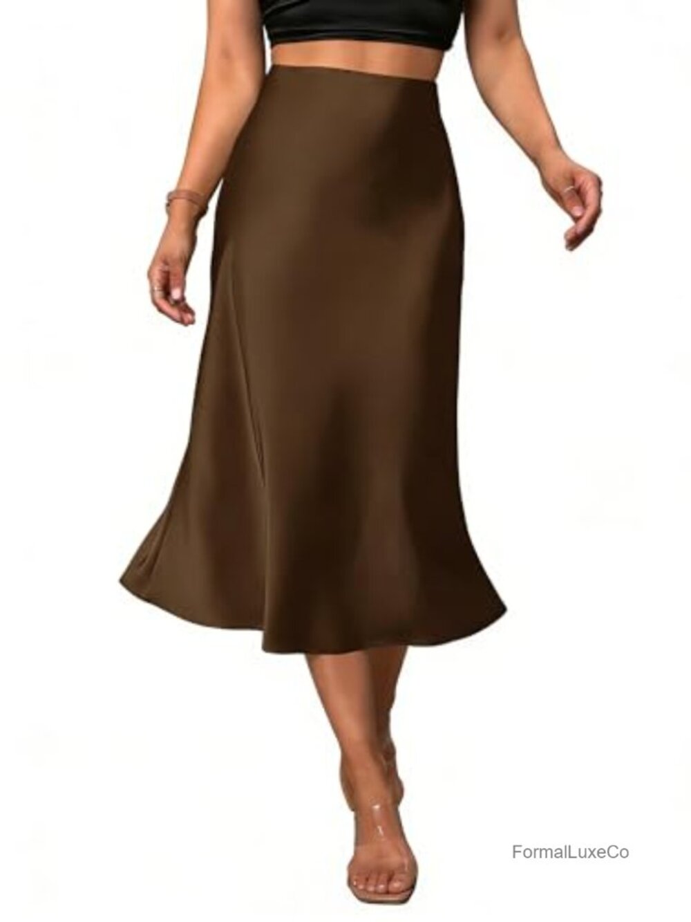 Satin Midi Skirt Fishtail A-Line High Waist Elegant Formal Women's